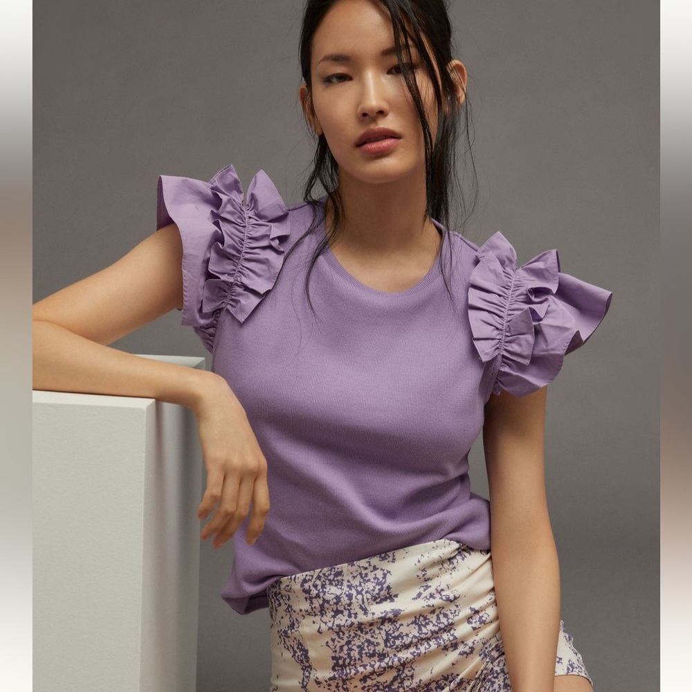 Anthropologie Purple Ruffle Sleeve Top